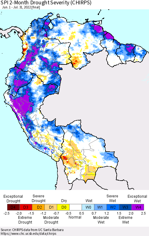 Northern South America SPI 2-Month Drought Severity (CHIRPS) Thematic Map For 6/1/2022 - 7/31/2022
