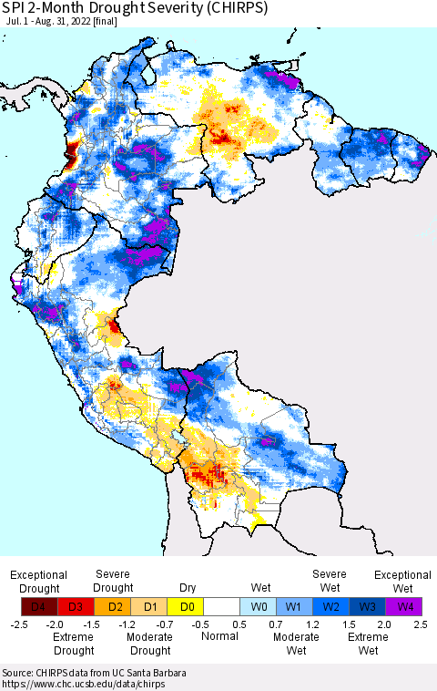 Northern South America SPI 2-Month Drought Severity (CHIRPS) Thematic Map For 7/1/2022 - 8/31/2022