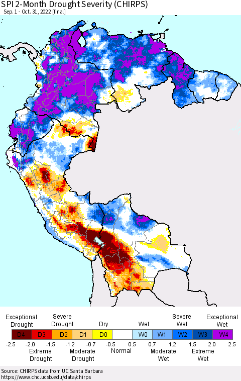 Northern South America SPI 2-Month Drought Severity (CHIRPS) Thematic Map For 9/1/2022 - 10/31/2022