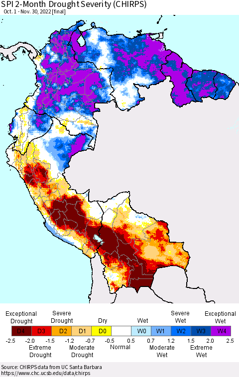 Northern South America SPI 2-Month Drought Severity (CHIRPS) Thematic Map For 10/1/2022 - 11/30/2022