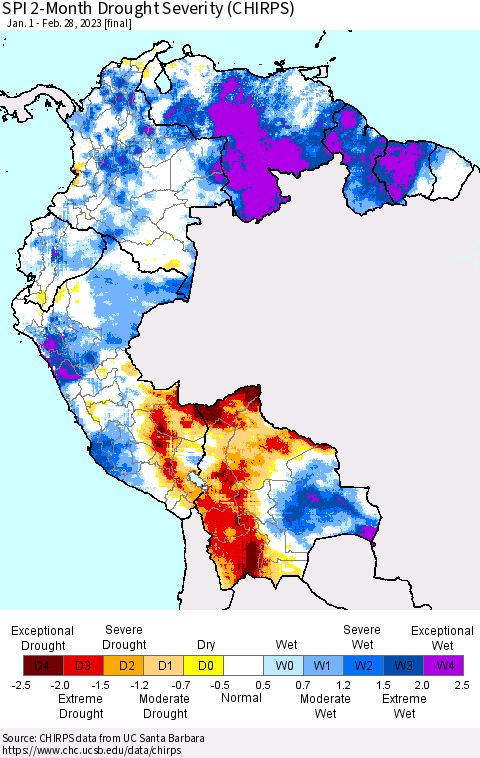 Northern South America SPI 2-Month Drought Severity (CHIRPS) Thematic Map For 1/1/2023 - 2/28/2023