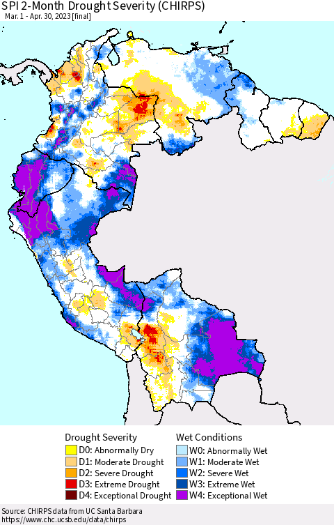 Northern South America SPI 2-Month Drought Severity (CHIRPS) Thematic Map For 3/1/2023 - 4/30/2023
