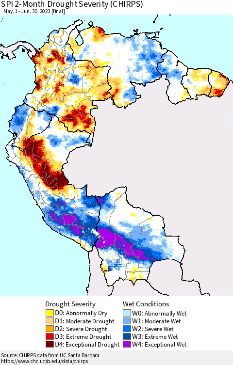 Northern South America SPI 2-Month Drought Severity (CHIRPS) Thematic Map For 5/1/2023 - 6/30/2023