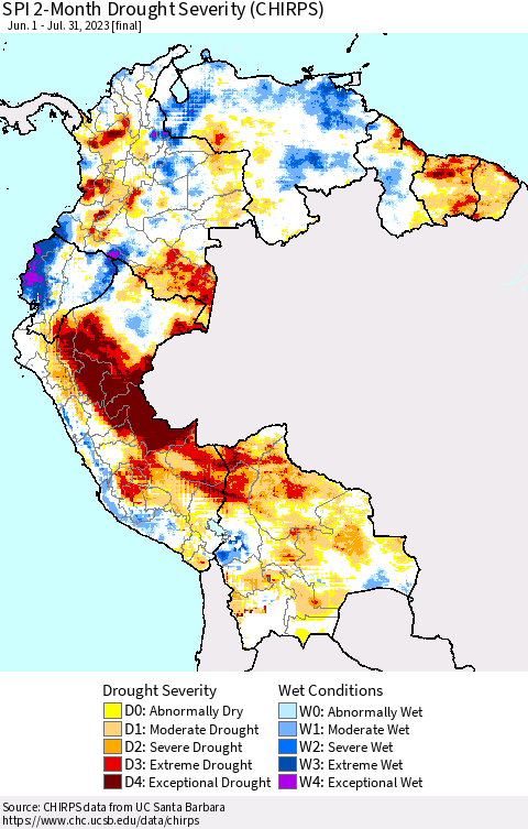 Northern South America SPI 2-Month Drought Severity (CHIRPS) Thematic Map For 6/1/2023 - 7/31/2023