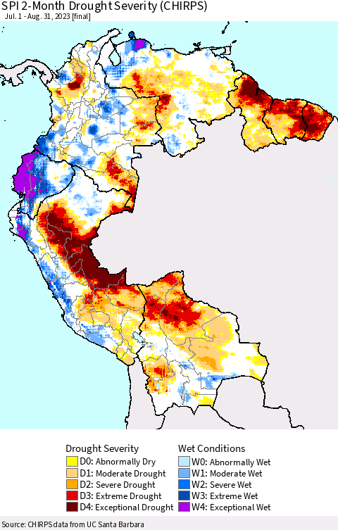 Northern South America SPI 2-Month Drought Severity (CHIRPS) Thematic Map For 7/1/2023 - 8/31/2023