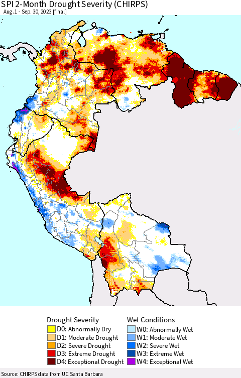 Northern South America SPI 2-Month Drought Severity (CHIRPS) Thematic Map For 8/1/2023 - 9/30/2023