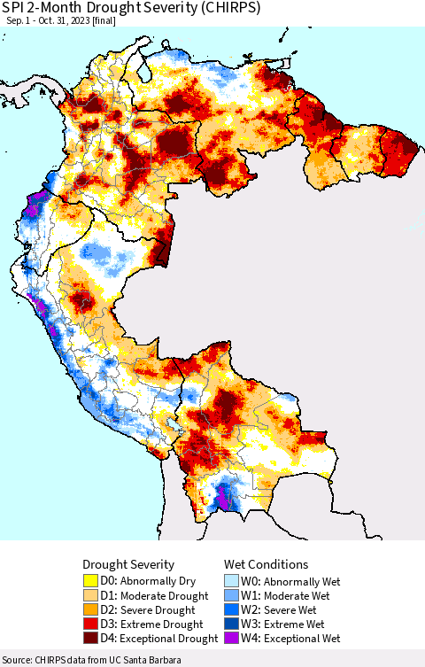 Northern South America SPI 2-Month Drought Severity (CHIRPS) Thematic Map For 9/1/2023 - 10/31/2023