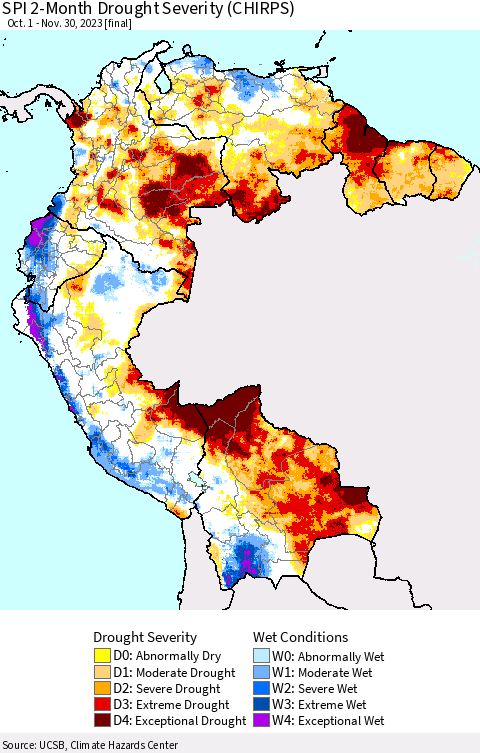 Northern South America SPI 2-Month Drought Severity (CHIRPS) Thematic Map For 10/1/2023 - 11/30/2023