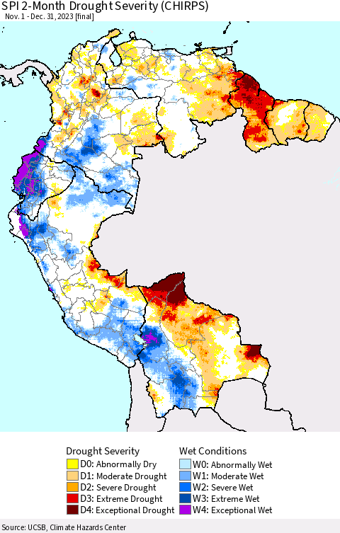 Northern South America SPI 2-Month Drought Severity (CHIRPS) Thematic Map For 11/1/2023 - 12/31/2023