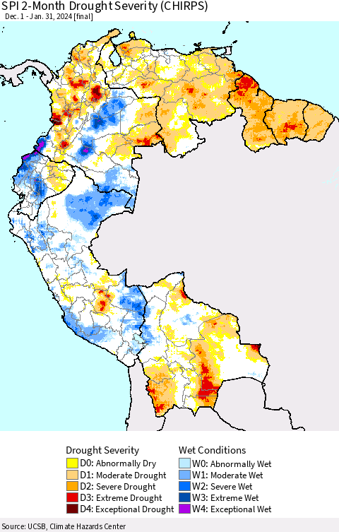 Northern South America SPI 2-Month Drought Severity (CHIRPS) Thematic Map For 12/1/2023 - 1/31/2024