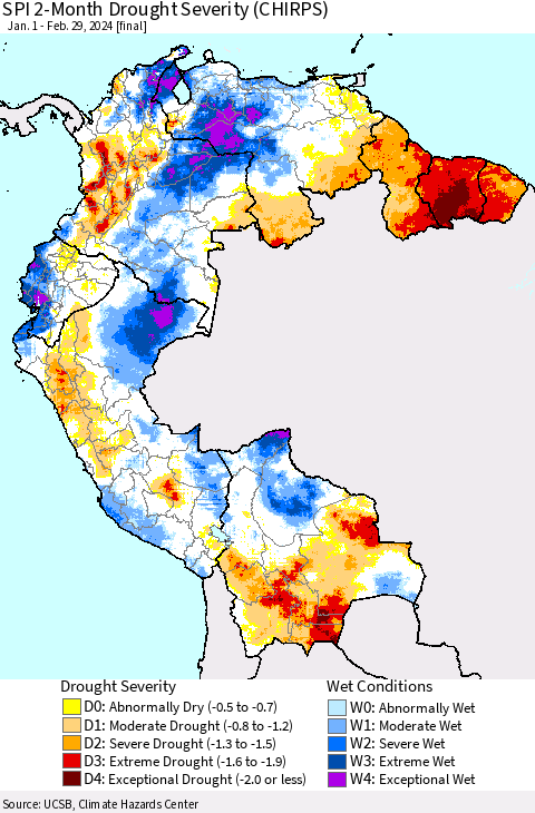 Northern South America SPI 2-Month Drought Severity (CHIRPS) Thematic Map For 1/1/2024 - 2/29/2024