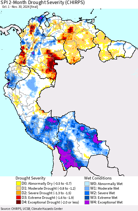 Northern South America SPI 2-Month Drought Severity (CHIRPS) Thematic Map For 10/1/2024 - 11/30/2024