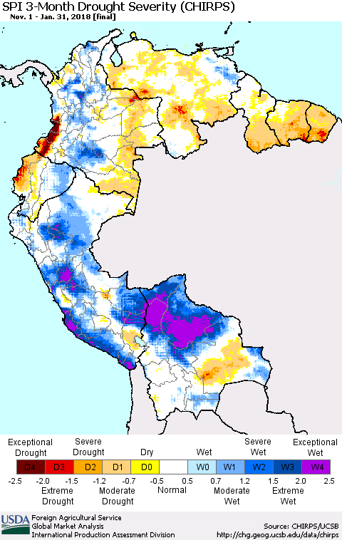 Northern South America SPI 3-Month Drought Severity (CHIRPS) Thematic Map For 11/1/2017 - 1/31/2018