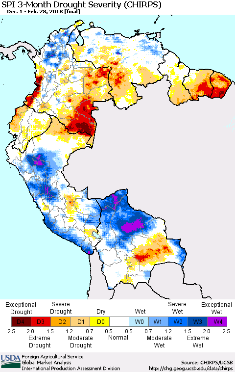 Northern South America SPI 3-Month Drought Severity (CHIRPS) Thematic Map For 12/1/2017 - 2/28/2018