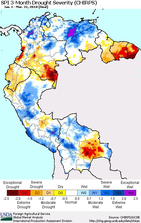 Northern South America SPI 3-Month Drought Severity (CHIRPS) Thematic Map For 1/1/2018 - 3/31/2018