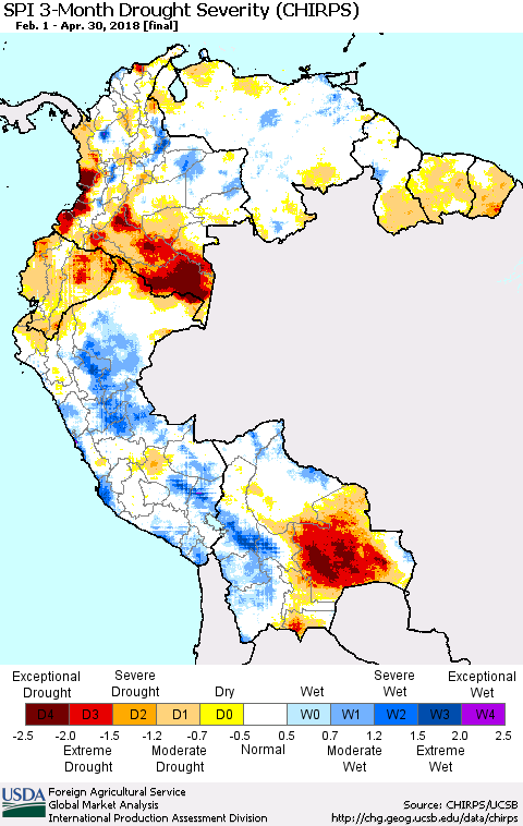 Northern South America SPI 3-Month Drought Severity (CHIRPS) Thematic Map For 2/1/2018 - 4/30/2018