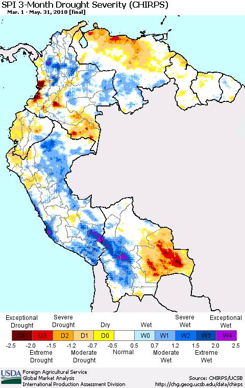 Northern South America SPI 3-Month Drought Severity (CHIRPS) Thematic Map For 3/1/2018 - 5/31/2018