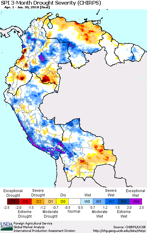 Northern South America SPI 3-Month Drought Severity (CHIRPS) Thematic Map For 4/1/2018 - 6/30/2018
