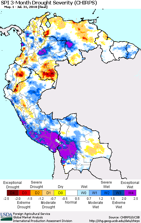 Northern South America SPI 3-Month Drought Severity (CHIRPS) Thematic Map For 5/1/2018 - 7/31/2018
