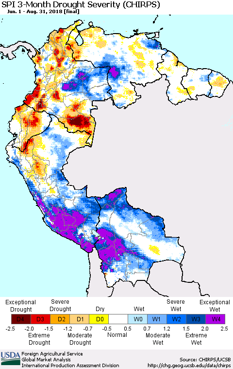 Northern South America SPI 3-Month Drought Severity (CHIRPS) Thematic Map For 6/1/2018 - 8/31/2018