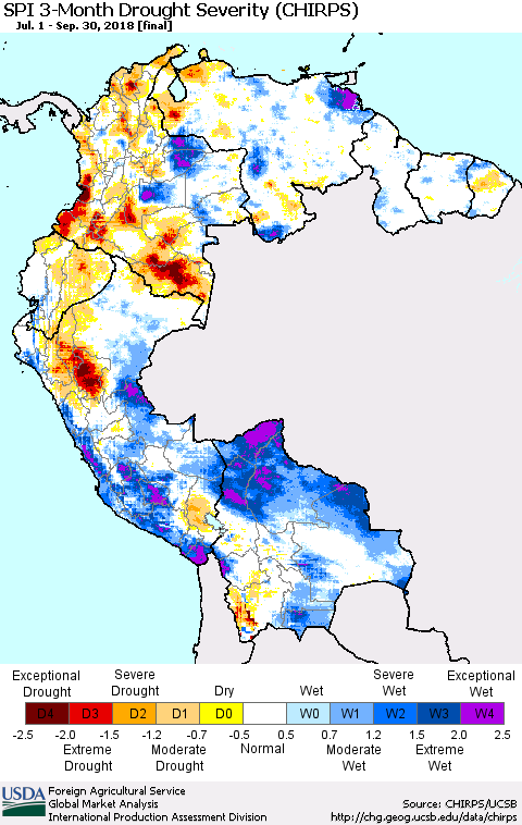 Northern South America SPI 3-Month Drought Severity (CHIRPS) Thematic Map For 7/1/2018 - 9/30/2018