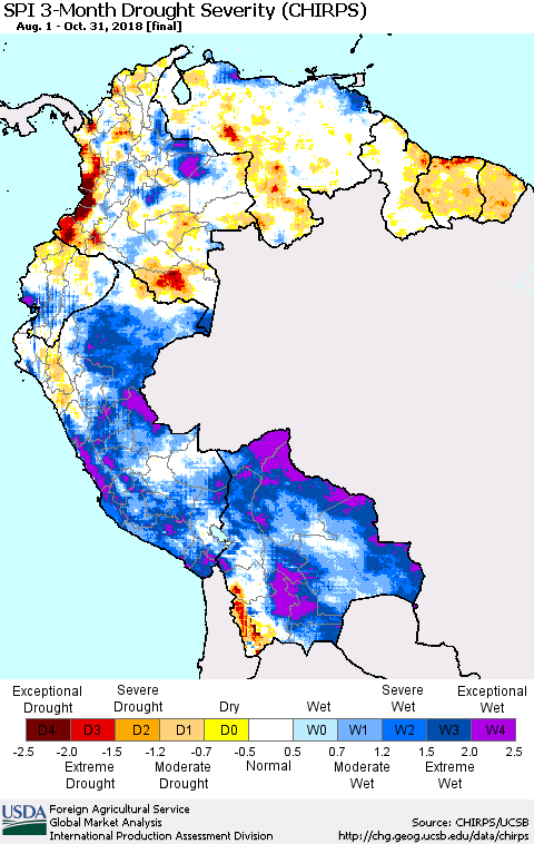 Northern South America SPI 3-Month Drought Severity (CHIRPS) Thematic Map For 8/1/2018 - 10/31/2018