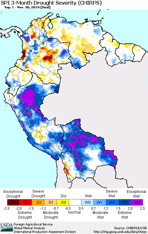 Northern South America SPI 3-Month Drought Severity (CHIRPS) Thematic Map For 9/1/2018 - 11/30/2018