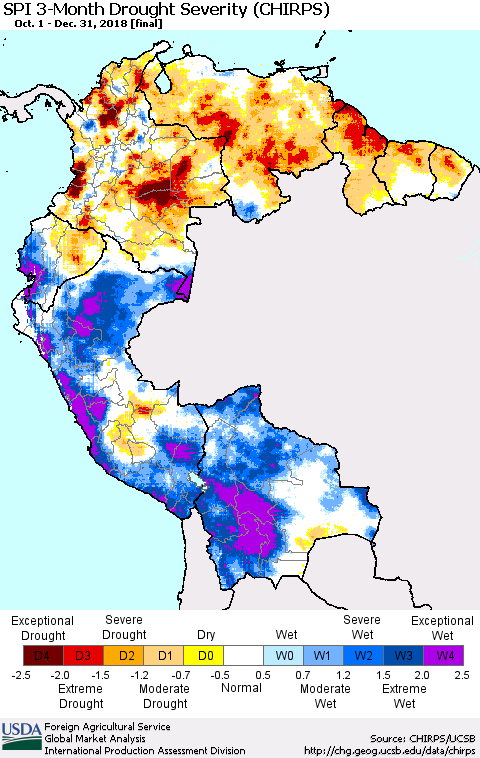 Northern South America SPI 3-Month Drought Severity (CHIRPS) Thematic Map For 10/1/2018 - 12/31/2018