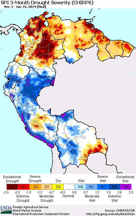 Northern South America SPI 3-Month Drought Severity (CHIRPS) Thematic Map For 11/1/2018 - 1/31/2019