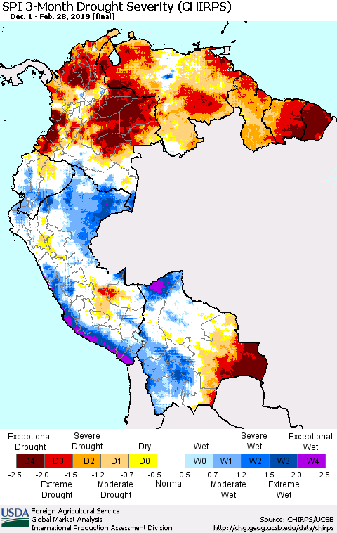 Northern South America SPI 3-Month Drought Severity (CHIRPS) Thematic Map For 12/1/2018 - 2/28/2019
