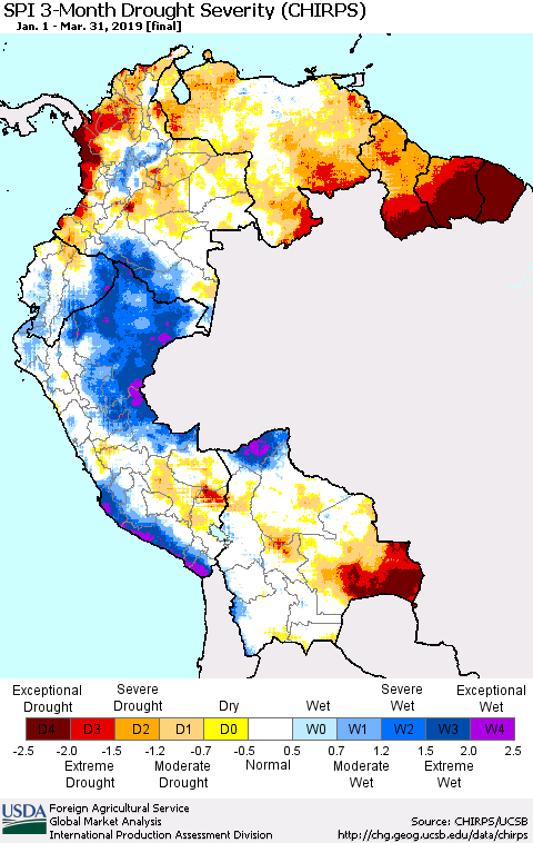 Northern South America SPI 3-Month Drought Severity (CHIRPS) Thematic Map For 1/1/2019 - 3/31/2019