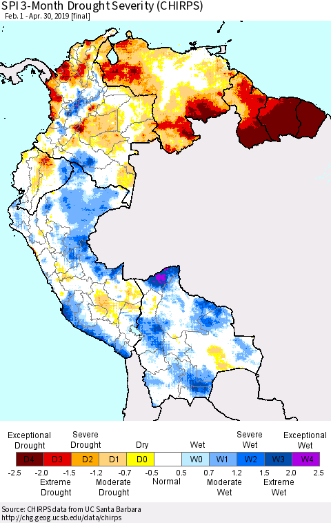 Northern South America SPI 3-Month Drought Severity (CHIRPS) Thematic Map For 2/1/2019 - 4/30/2019