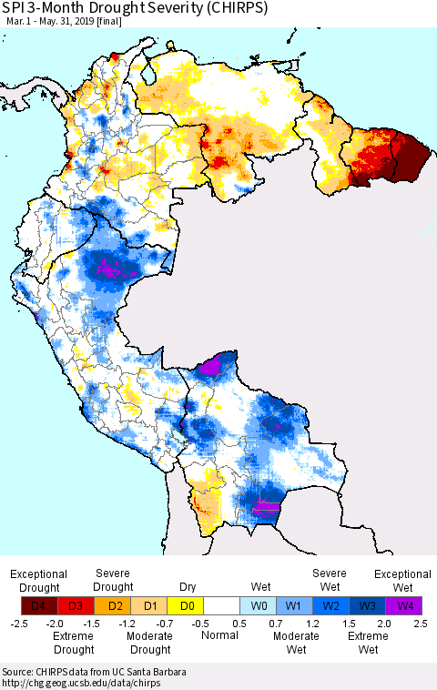 Northern South America SPI 3-Month Drought Severity (CHIRPS) Thematic Map For 3/1/2019 - 5/31/2019