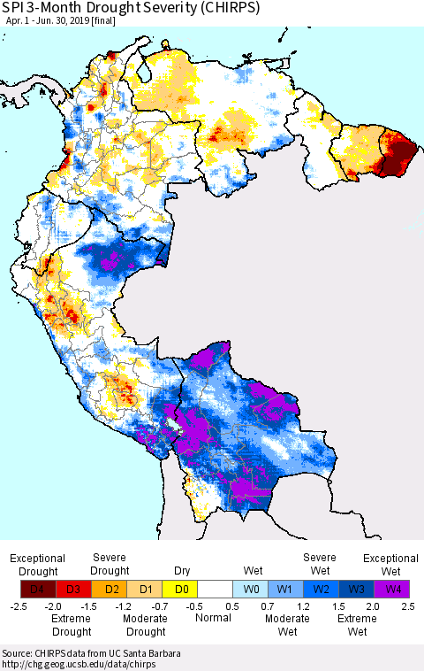 Northern South America SPI 3-Month Drought Severity (CHIRPS) Thematic Map For 4/1/2019 - 6/30/2019