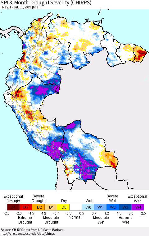 Northern South America SPI 3-Month Drought Severity (CHIRPS) Thematic Map For 5/1/2019 - 7/31/2019
