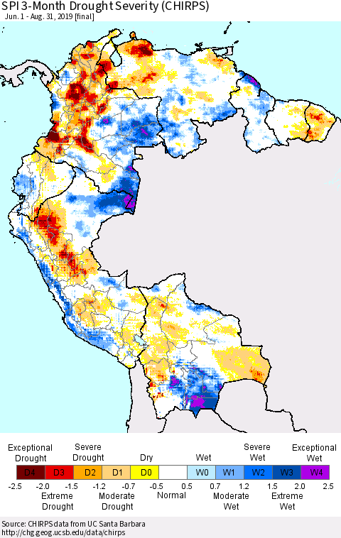 Northern South America SPI 3-Month Drought Severity (CHIRPS) Thematic Map For 6/1/2019 - 8/31/2019