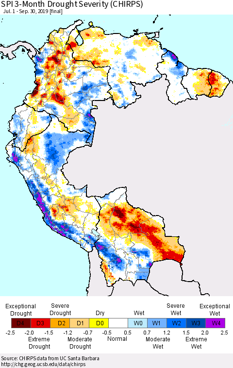 Northern South America SPI 3-Month Drought Severity (CHIRPS) Thematic Map For 7/1/2019 - 9/30/2019