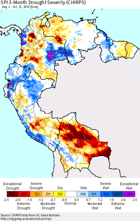 Northern South America SPI 3-Month Drought Severity (CHIRPS) Thematic Map For 8/1/2019 - 10/31/2019
