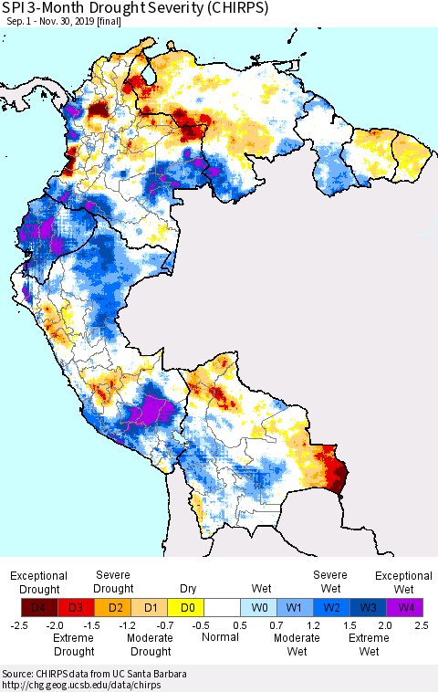 Northern South America SPI 3-Month Drought Severity (CHIRPS) Thematic Map For 9/1/2019 - 11/30/2019