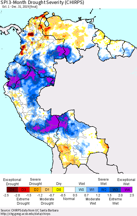 Northern South America SPI 3-Month Drought Severity (CHIRPS) Thematic Map For 10/1/2019 - 12/31/2019