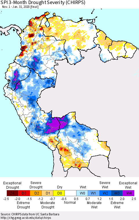 Northern South America SPI 3-Month Drought Severity (CHIRPS) Thematic Map For 11/1/2019 - 1/31/2020