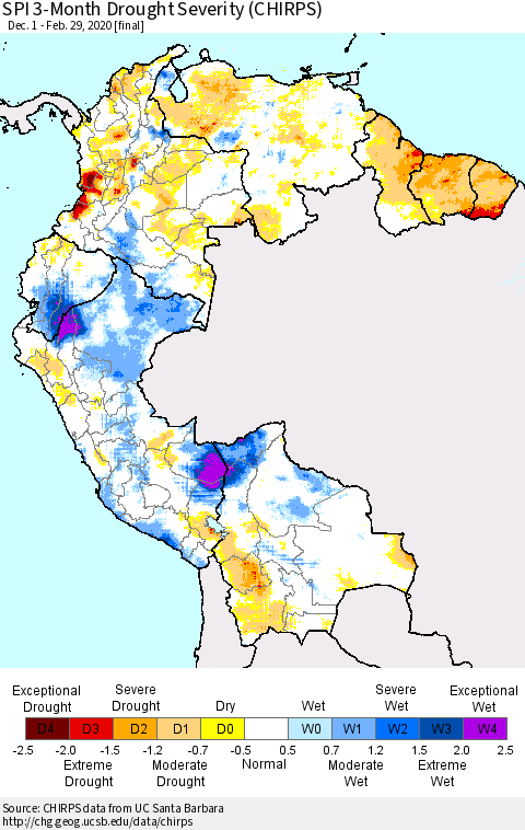 Northern South America SPI 3-Month Drought Severity (CHIRPS) Thematic Map For 12/1/2019 - 2/29/2020