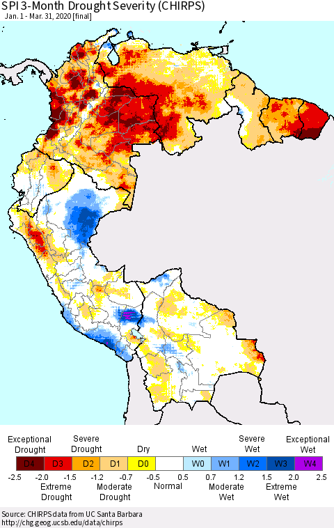Northern South America SPI 3-Month Drought Severity (CHIRPS) Thematic Map For 1/1/2020 - 3/31/2020