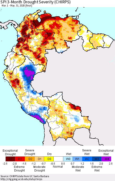 Northern South America SPI 3-Month Drought Severity (CHIRPS) Thematic Map For 3/1/2020 - 5/31/2020