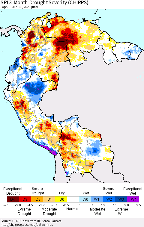 Northern South America SPI 3-Month Drought Severity (CHIRPS) Thematic Map For 4/1/2020 - 6/30/2020