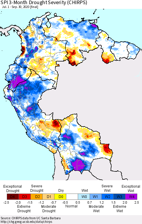 Northern South America SPI 3-Month Drought Severity (CHIRPS) Thematic Map For 7/1/2020 - 9/30/2020