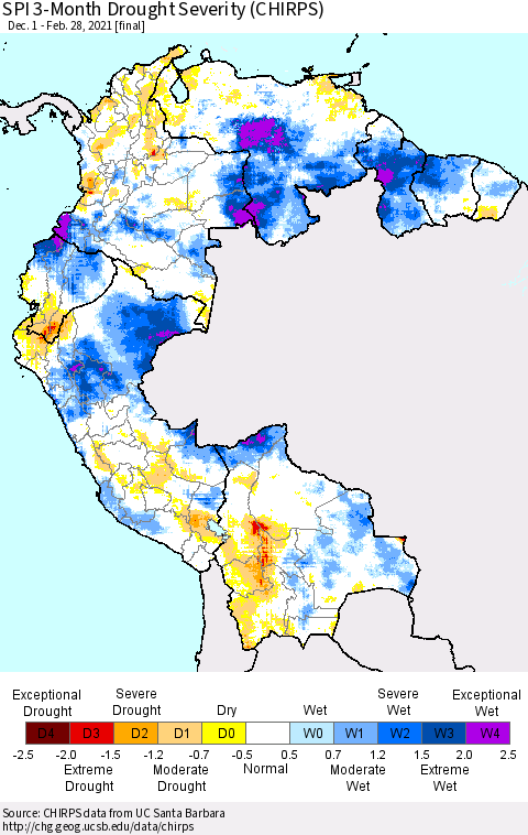 Northern South America SPI 3-Month Drought Severity (CHIRPS) Thematic Map For 12/1/2020 - 2/28/2021
