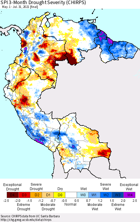 Northern South America SPI 3-Month Drought Severity (CHIRPS) Thematic Map For 5/1/2021 - 7/31/2021