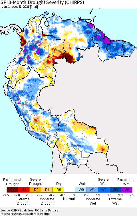 Northern South America SPI 3-Month Drought Severity (CHIRPS) Thematic Map For 6/1/2021 - 8/31/2021