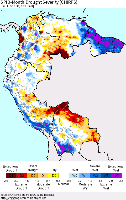 Northern South America SPI 3-Month Drought Severity (CHIRPS) Thematic Map For 7/1/2021 - 9/30/2021